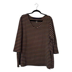 J Jill Forward Seam Tee Size 2X Blue Gold Striped V-Neck Cotton Blend T-Shirt